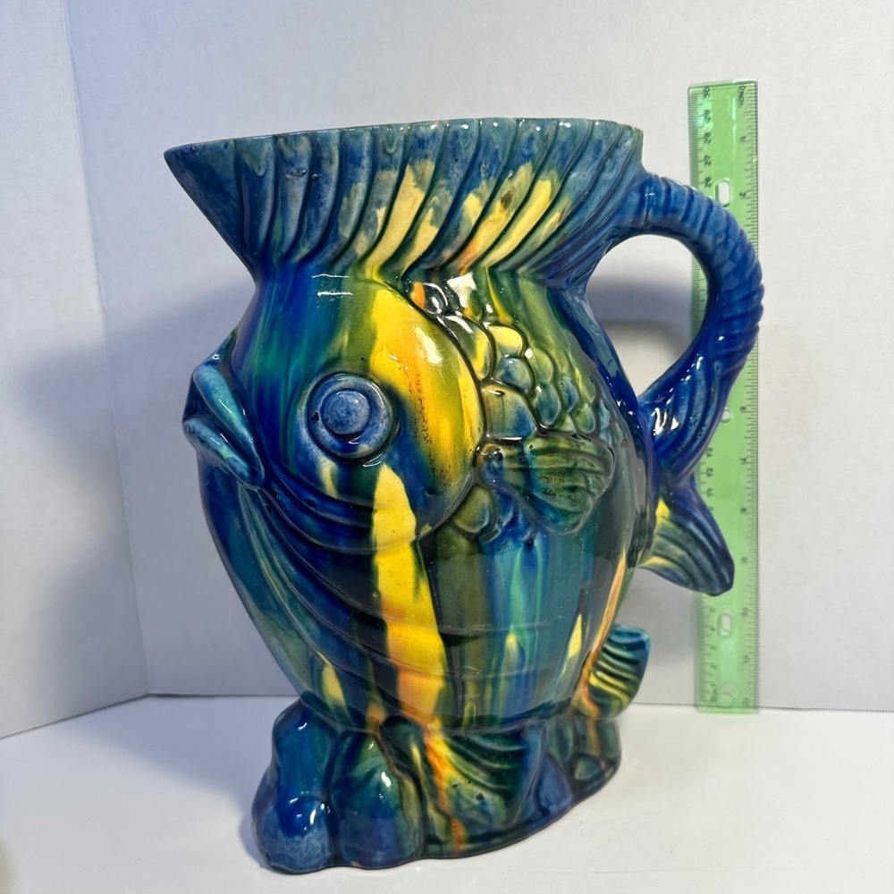 Large Majolica 3D Tropical Angelfish Ceramic Pitcher Blue Yellow Vintage England